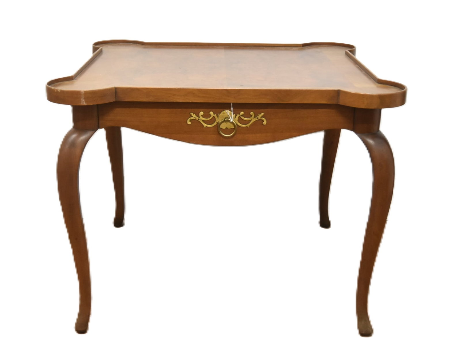 BAKER BURLED COFFEE TABLE: VINTAGE BAKER BURLED VENEER TOP COFFEE TABLE WITH CABRIOLE STYLE LEGS & DRAWER -28" x 28" x 22"
