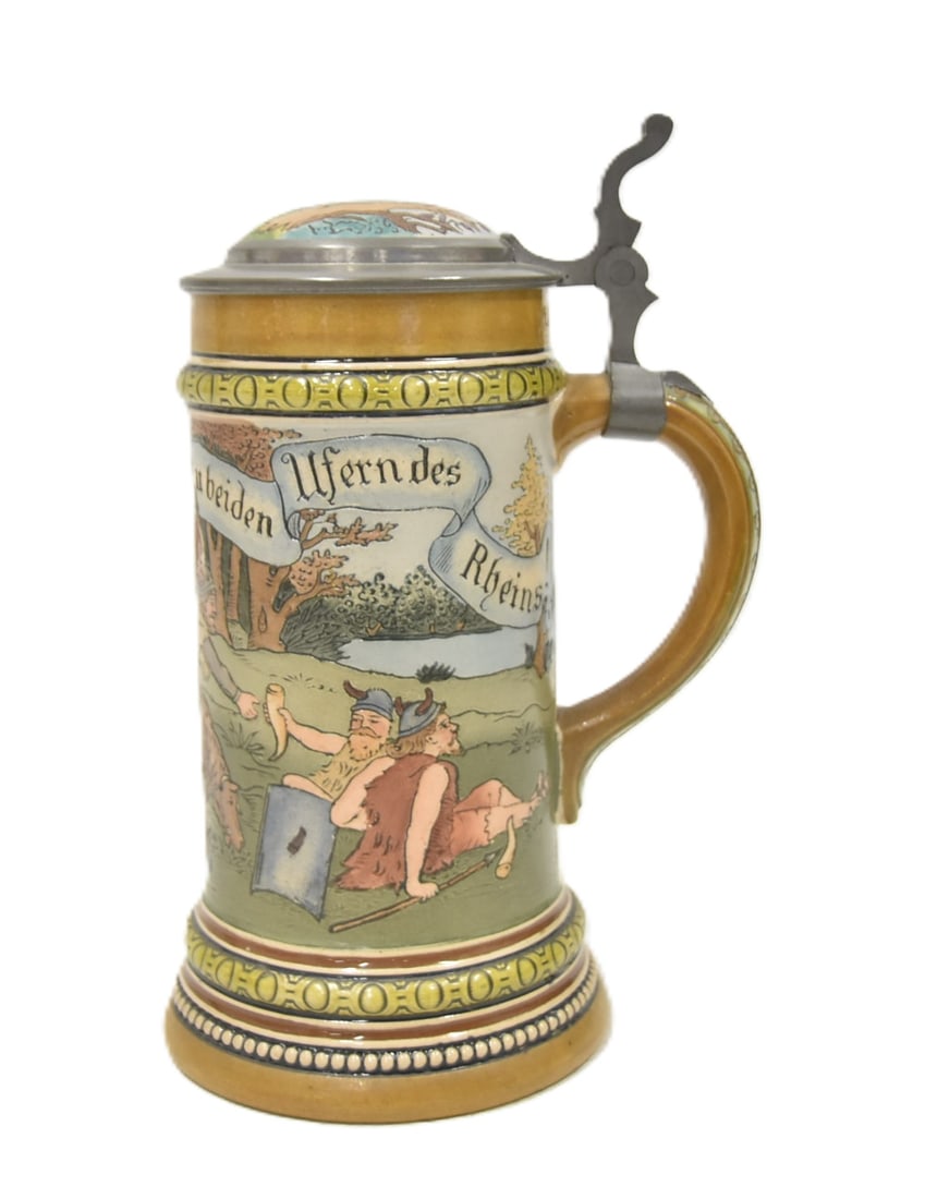 HR 429 EARLY GERMAN BEER STEIN: HAUBER & REUTHER No> 429 HR 429 EARLY GERMANS 1/2 LITER BEER STEIN WITH MENON HORSEBACK & ETCHED LID WITH PEWTER MOUNTS - 5" x 4" x 8 3/4"