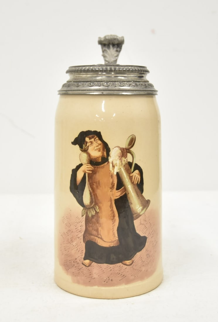 HR 162 HAND PAINTED MUNICH CHILD STEIN: HAUBER & REUTHER No. 162 1 LITER STEIN HAND PAINTED MUNICH CHILD BEER STEIN WITH BAR MAID HOLDING BEER