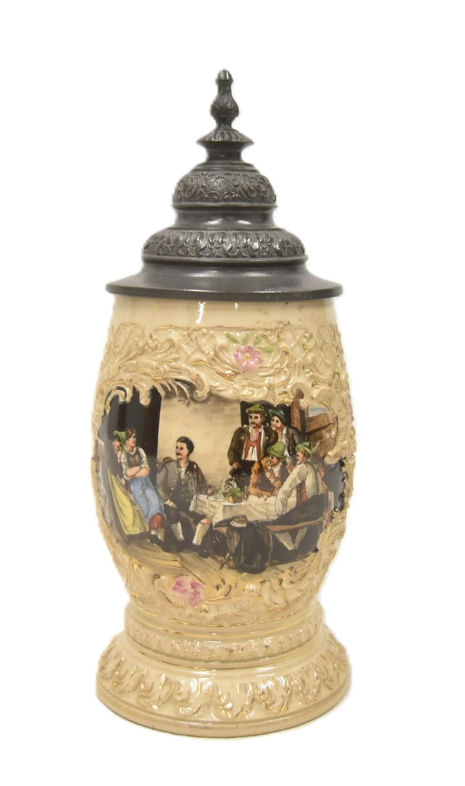 ATTR REINHOLD MERKELBACH POTTERY STEIN: ATTRIBUTED TO REINHOLD MERKELBACH 1/2 LITER GERMAN POTTERY STEIN - 5 1/2" x 3 1/2" x 9"