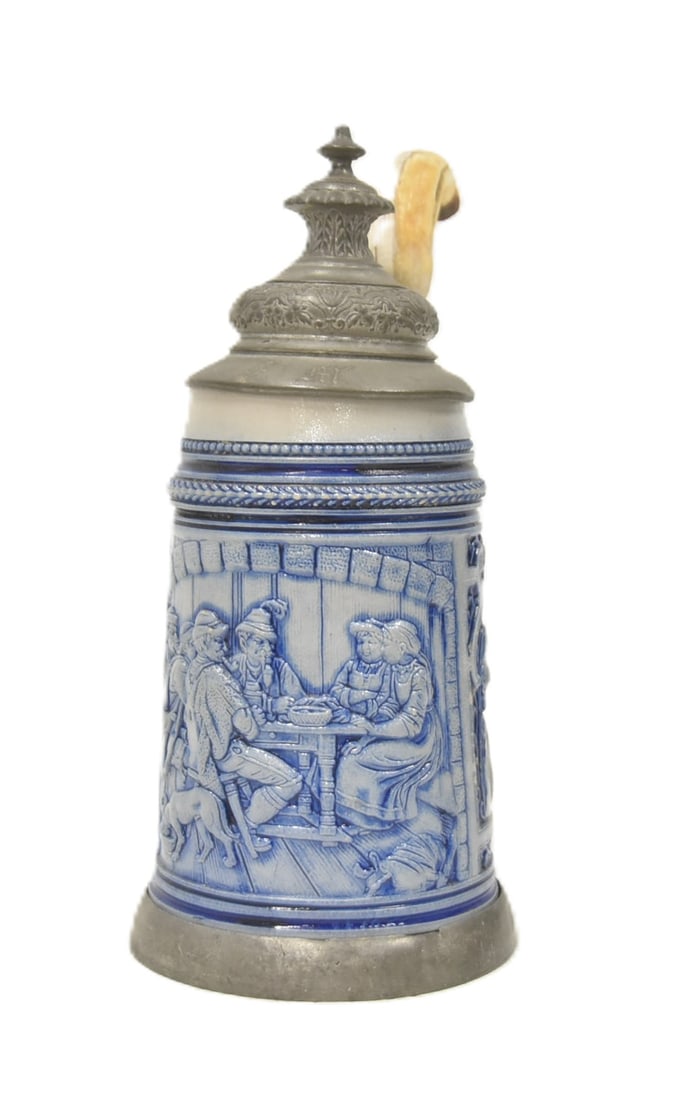 GERMAN SALT GLAZE TAVERN SCENE STEIN: GERMAN SALT GLAZE TAVERN SCENE STEIN WITH PORTRAITS & ANTLER THUMB LIFT - 5" x 4" x 8 1/2"