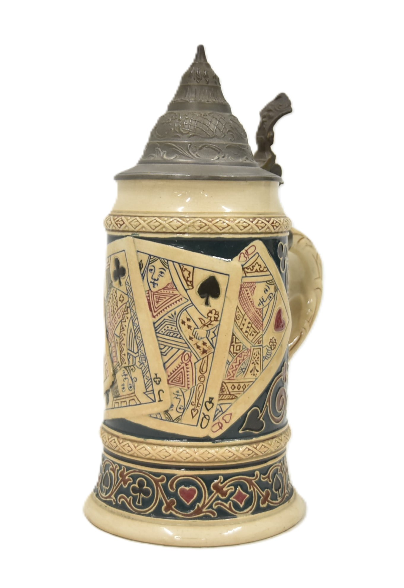 GERMAN POTTERY PLAYING CARDS STEIN: GERMAN 1255 DECK OF CARDS STEIN 5 1/2' x 4 1/4" x 9"