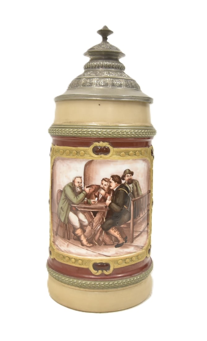 HR 19 / 20 1 LITER PORCELAIN STEIN: HAUBER & REUTHER 19 / 20 1 LITER HAND PAINTED PORCELAIN GERMAN STEIN WITH MEN SEATED AROUND TAVERN TABLE - 6" x 4" x 10"