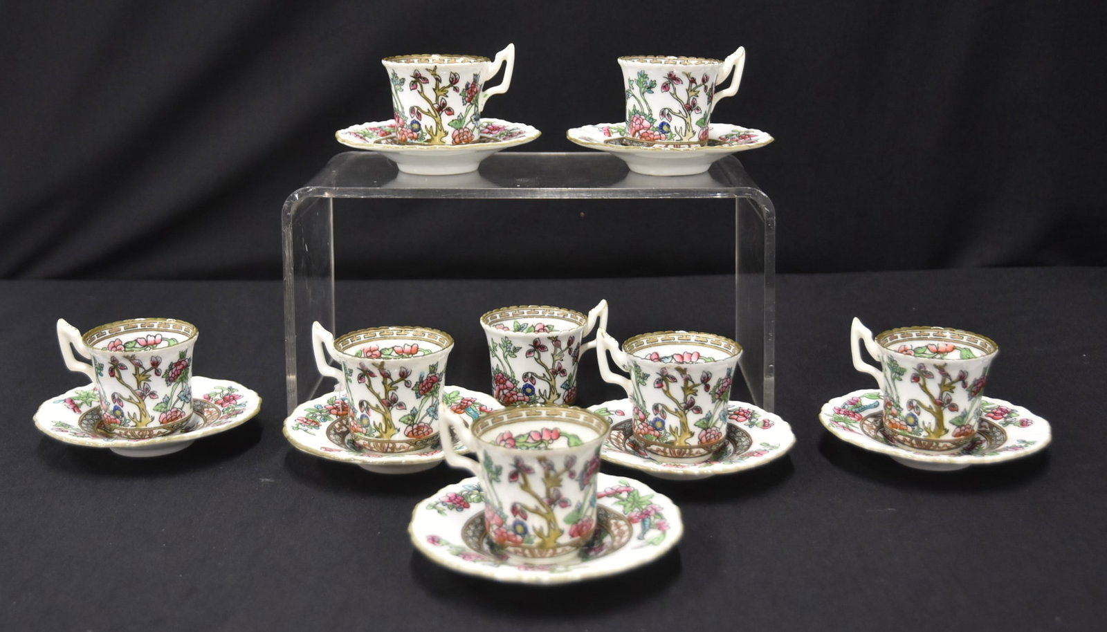 COALPORT INDIAN TREE CUPS & SAUCERS: COALPORT ENGLAND PORCELAIN DEMITASSE (8) CUPS & (7) SAUCERS - 4 1/2' x 2 1/2' OVERALL