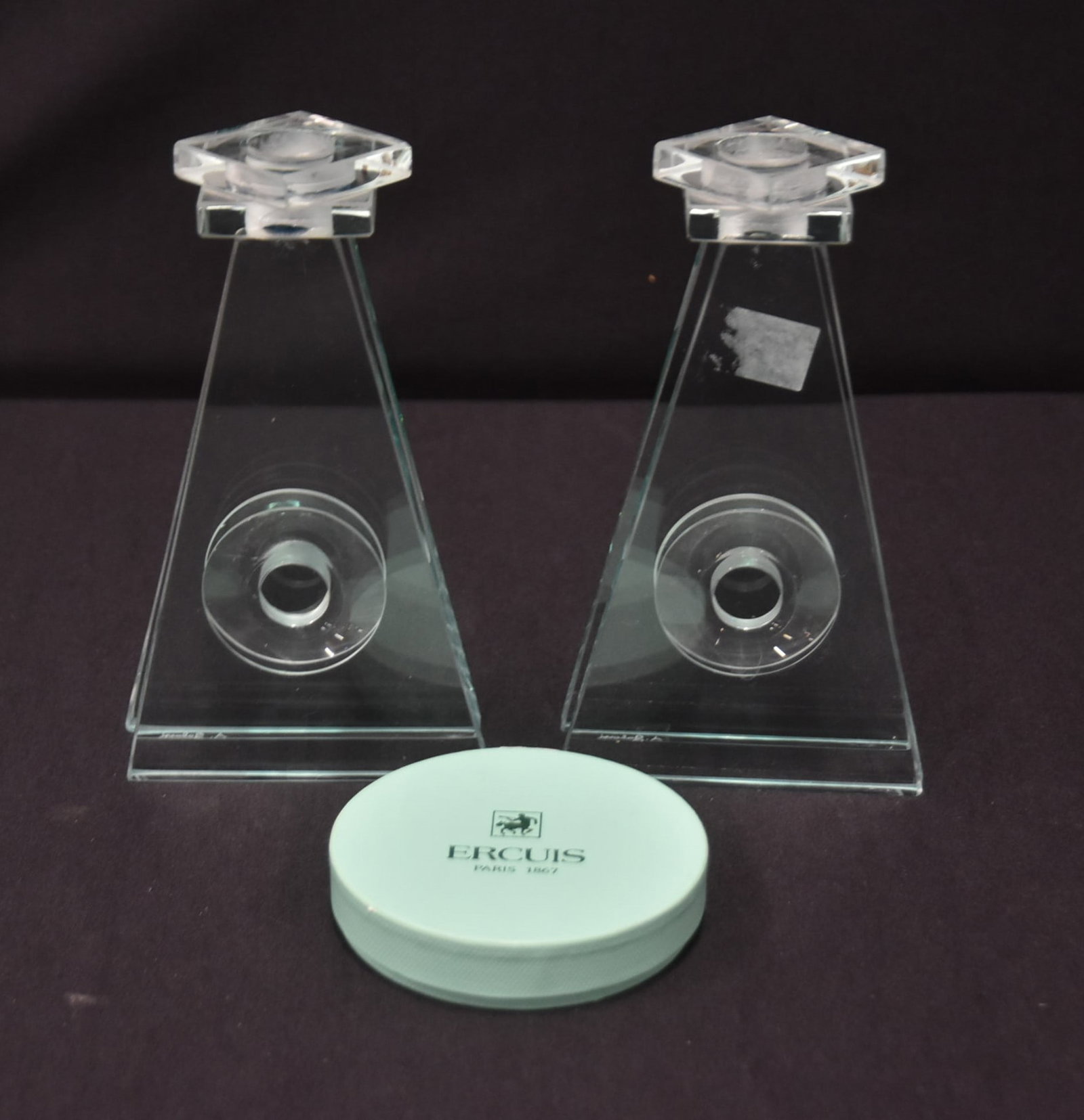 (Pr) MID CENTURY MODERN GLASS CANDLESTICKS: (Pr) A. GALOSSI MID CENTURY MODERN GLASS CANDLESTICKS - 4" x 2" x 7" ERCUIS MAGNETIC DRIP RINGS FOR WINE BOTTLE