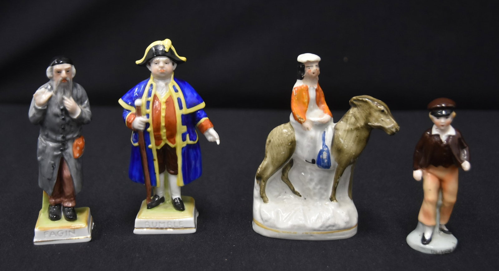 (4) GERMAN & ENGLISH PORCELAIN FIGURINES: (3) GERMAN ERPHILIA EBELING & REUSS PHILADELPHIA MINIATURE PORCELAIN FIGURINES / STAFFORDSHIRE MAN WITH DOG PORCELAIN FIGURINE - LARGEST IS 4" TALL