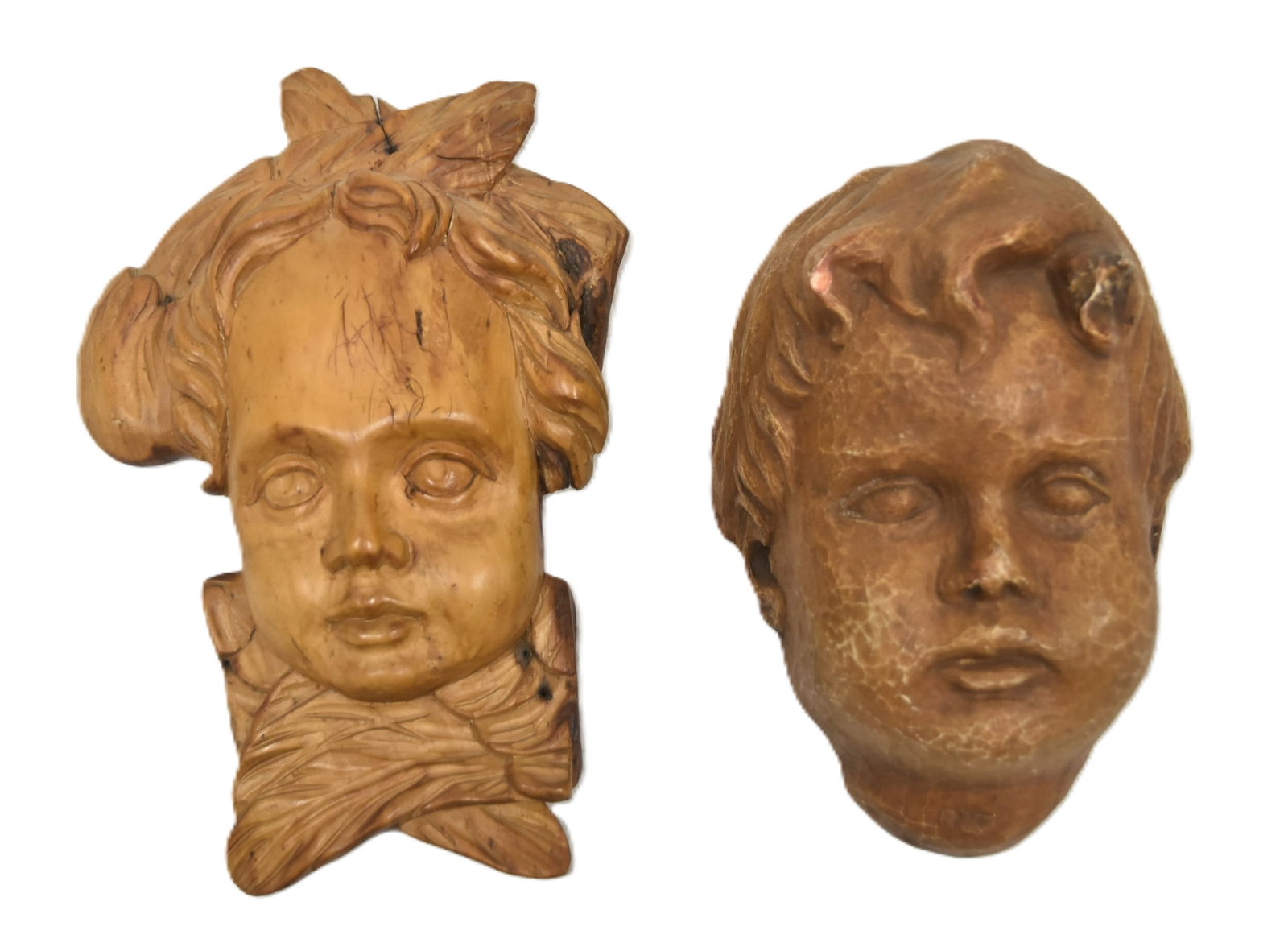 TERRACOTTA CHILD HEAD / CARVED WOOD CHERUB BUST (1 of 10)