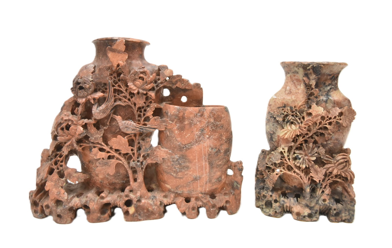 (2) CARVED SOAPSTONE VASES: (2) CARVED SOAPSTONE VASES WITH BIRDS & FLOWERS -LARGEST IS 11" x 3" x 9"