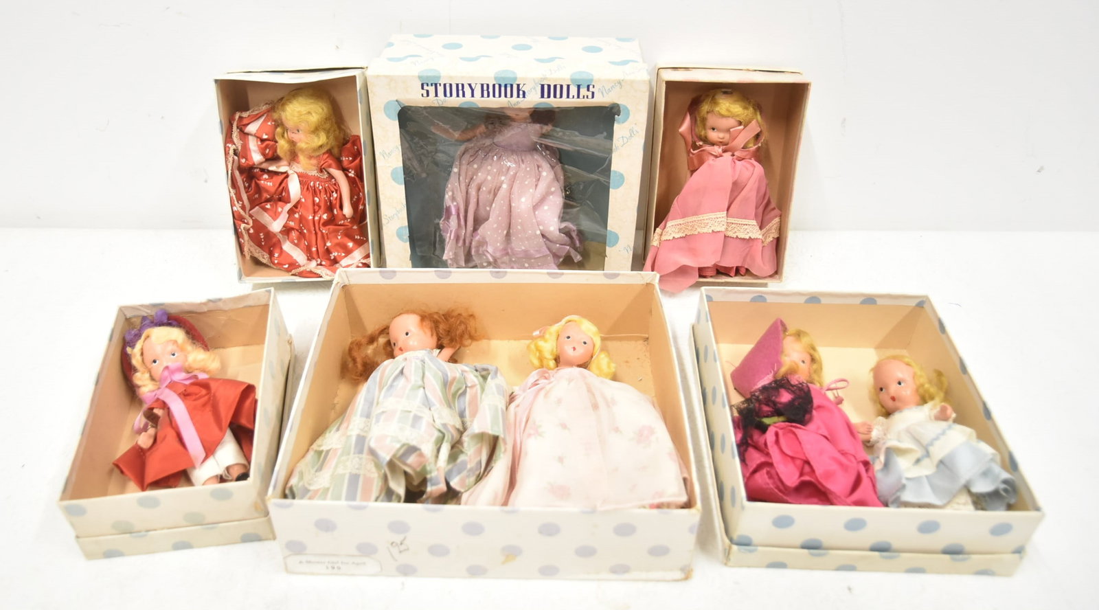 (8) NANCY ANN STORYBOOK DOLLS: (8) NANCY ANN STORYBOOK DOLLS INCLUDING OVER THE HILLS / A SHOWER GIRL APRIL / AUTUMN / LUCY LOCKET / HE LOVES ME NOT / TO THE MARKET / (2) UNMARKED