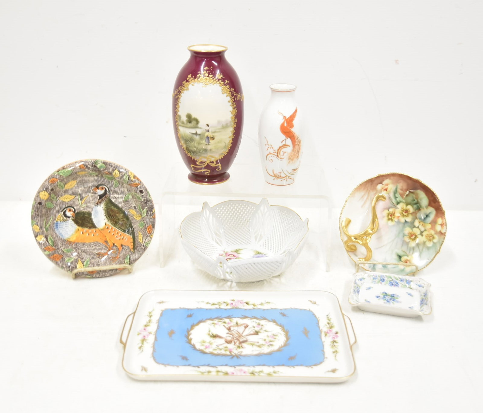 (6)pc PORCELAIN & POTTERY: GIEN RAMBOUILLET FRANCE PHEASANT PLATE / VIENNA PORCELAIN VASE (CHIP) / BAVARIAN HANDLED DISH / HAND PAINTED RETICULATED BOWL / SCHUMANN CARD GOLDER / FRENCH LIMOGES PERFUME / CANDY DISH - LARGEST IS 