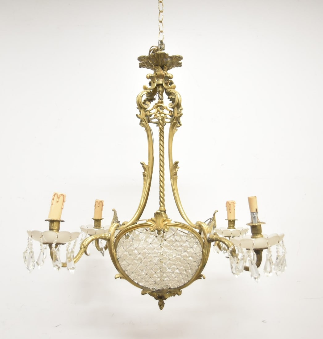BRONZE & CRYSTAL CHANDELIER: FRENCH BRONZE CHANDELIER WITH BEADED CRYSTAL BASKET - 28" x 28"