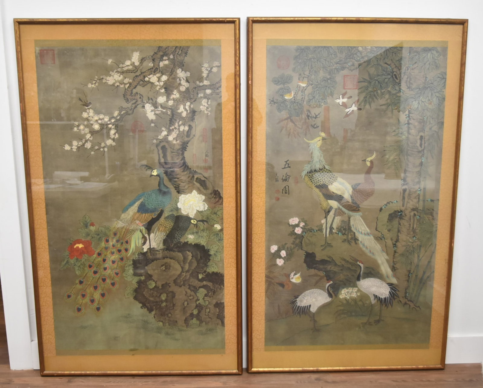 PAIR LARGE CHINESE HAND PAINTED SCROLLS: (Pr) LARGE CHINESE HAND PAINTED SCROLLS WITH PHEONIX BIRDS SURROUNDED BY FLOWERS & FOLIATE - 37 1/2" x 64"