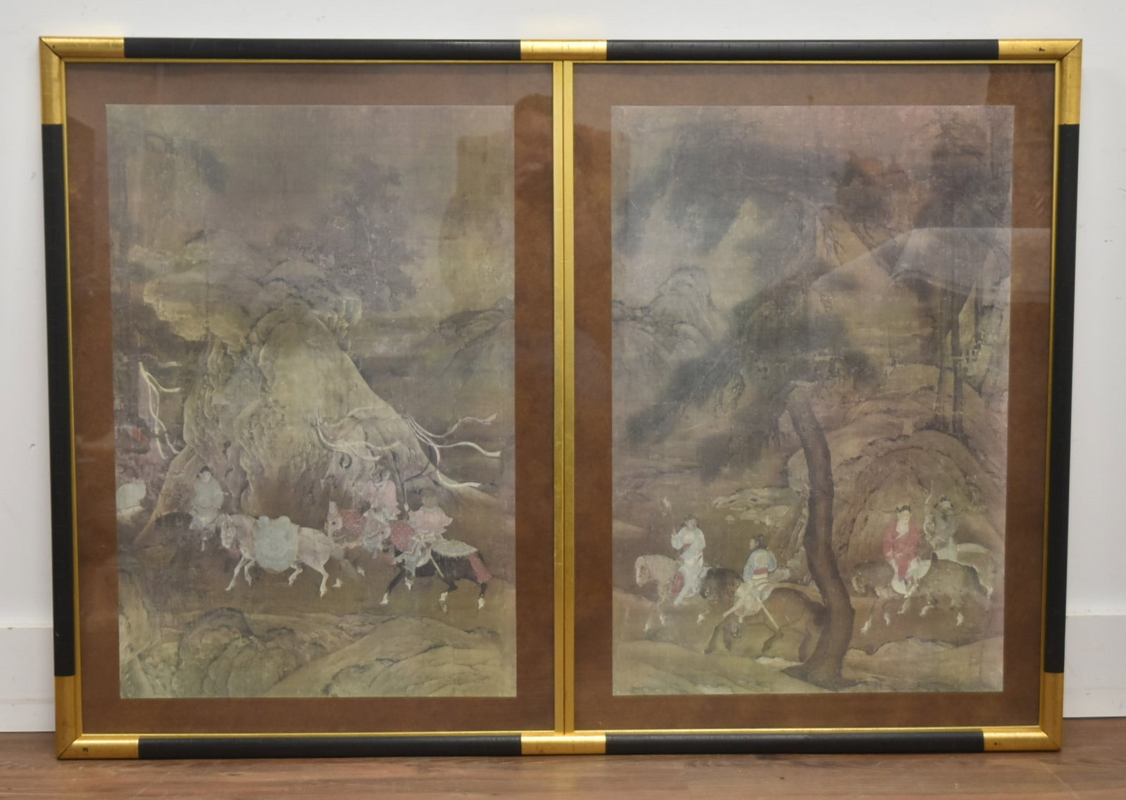 CHINESE DIPTYCH PRINT OF PEOPLE ON HORSEBACK: FRAMED CHINESE DIPTYCH PRINT OF PEOPLE ON HORSEBACK - 50" x 35"