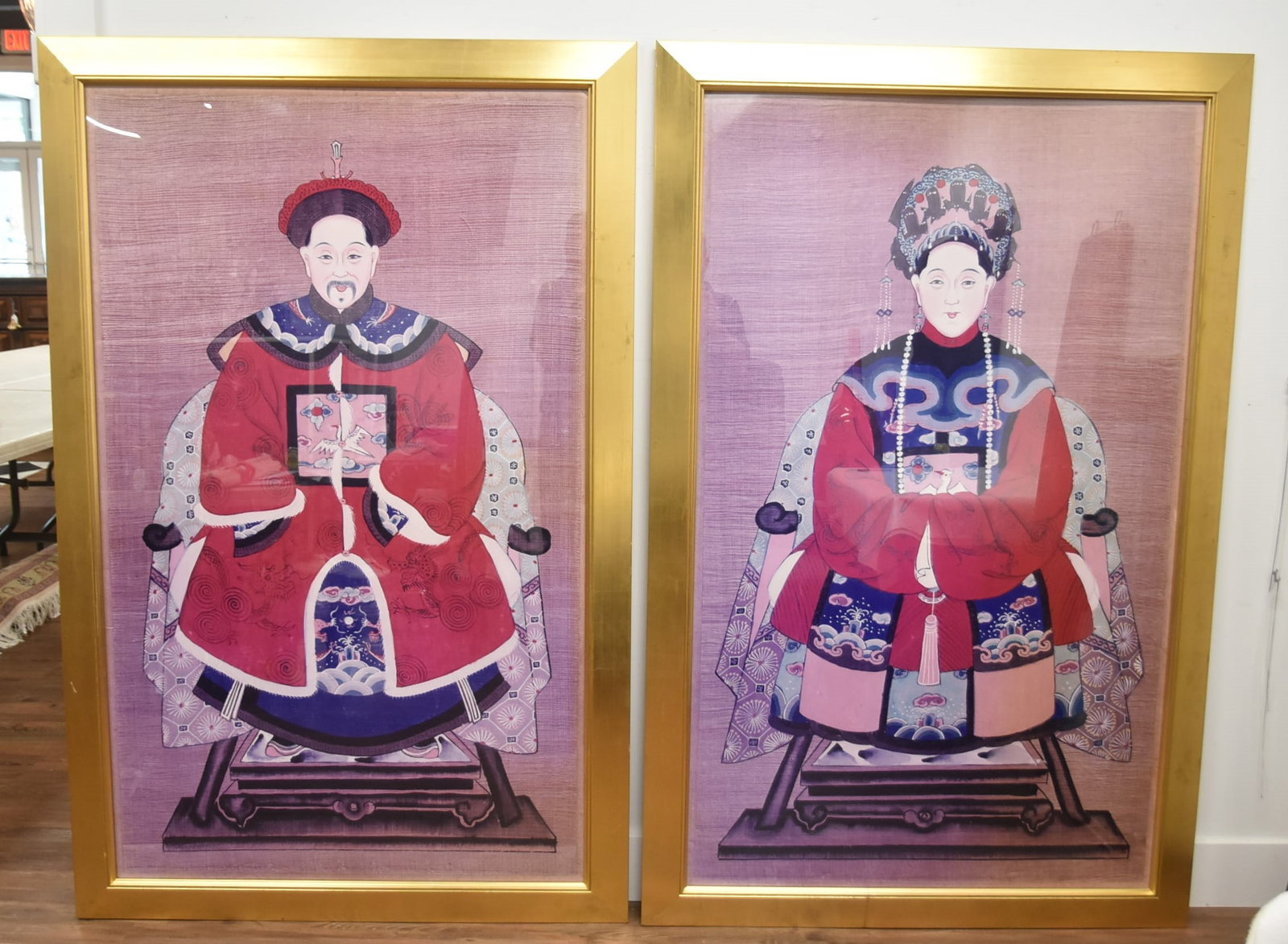 (Pr) LARGE FRAMED CHINESE ANCESTRAL PRINTS: PAIR LARGE CHINESE FRAMED EMPEROR & EMPRESS PRINTS ; SET IN GILT FRAME - 43" x 66"