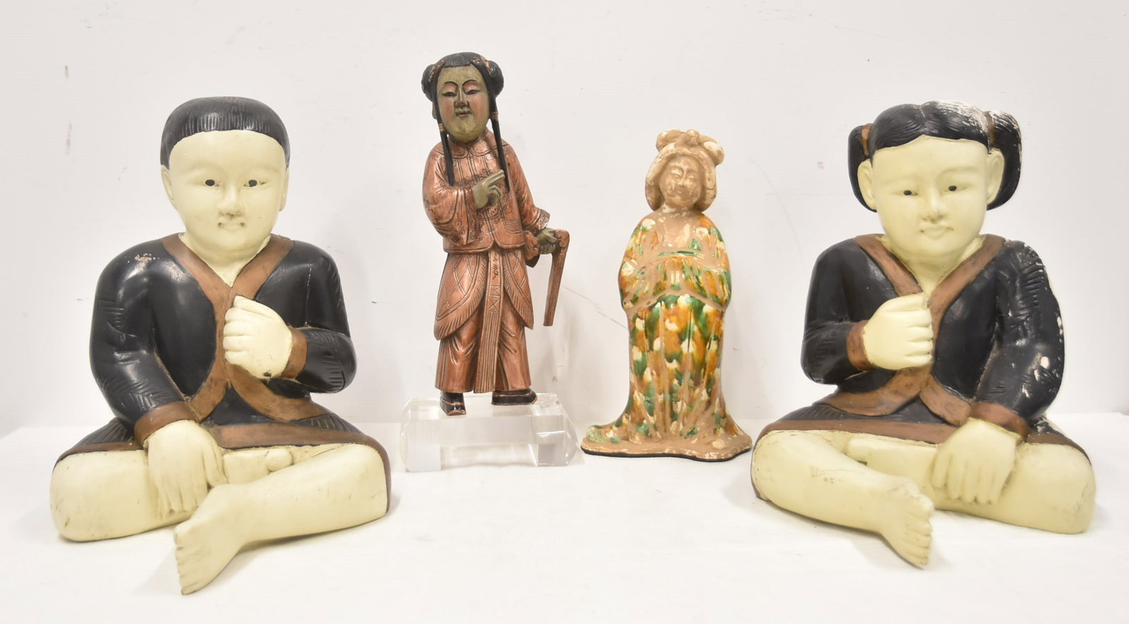 ASIAN FIGURAL SCULPTURE LOT: PAIR ASIAN CARVED WOOD SEATED BOY & GIRL CARVINGS / ASIAN CERAMIC LADY ; ON PLEXIGLASS BASE - TALLEST IS 6 1/2" x 4 1/2" x 15" / CHINESE TERRACOTTA LADY