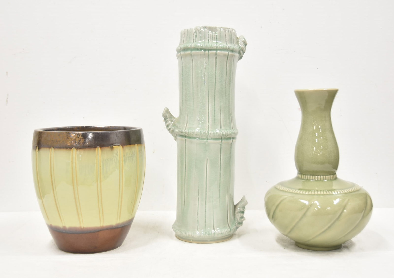 (3) THAI CELEDON VASES & BRUSH POT: THAI CELEDON FAUX BAMBOO VASE / THAI CELEDON CRACKLE GLAZE VASE / THAI PLANTER - LARGEST IS 7" x 18"