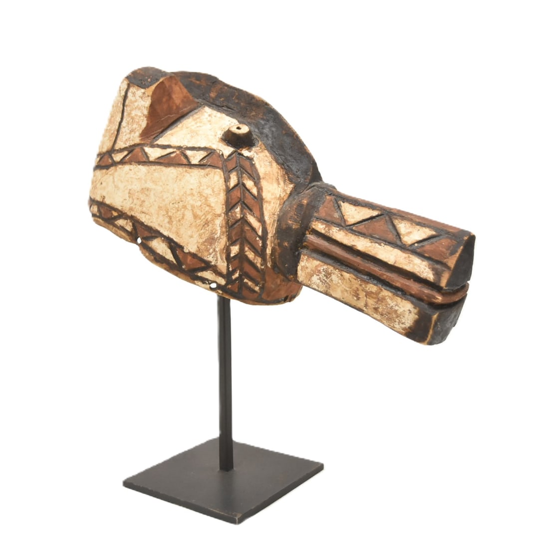 AFRICAN CARVED WOOD TRIBAL HEAD PIECE: SENOFU IVORY COAST AFRICAN CARVED WOOD TRIBAL HEAD PIECE ; RAISED ON STAND - 14" x 7" x 15"