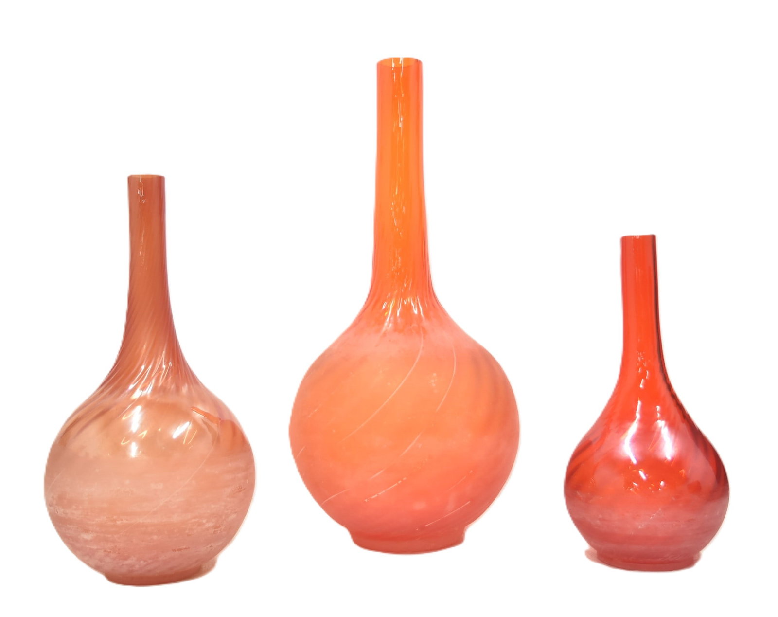 (3) CENEDESE MURANO ART GLASS VASES: (3) LARGE CENEDESE MURANO RED ART GLASS VASES ; SIGNED CENEDESE - LARGEST IS 10" x 24" (SOME DISCOLORATION)