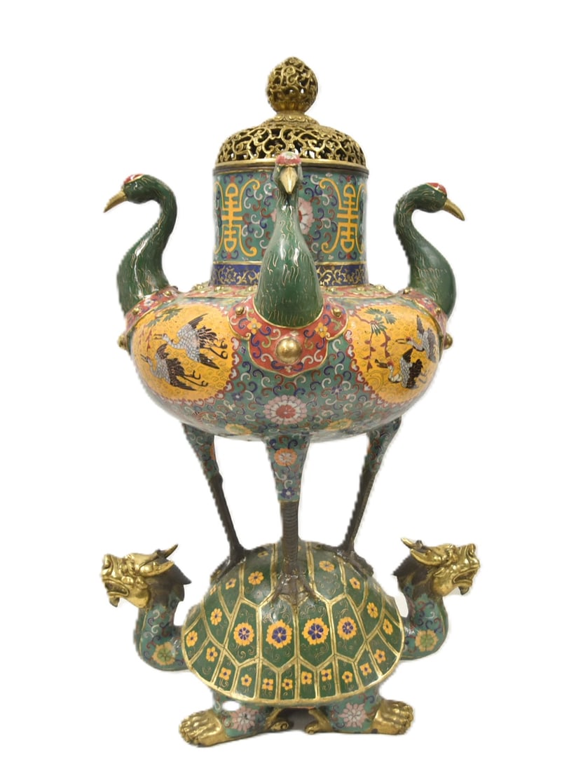 LARGE CLOISONNE CRANE & TURTLE INCENSE BURNER (1 of 18)