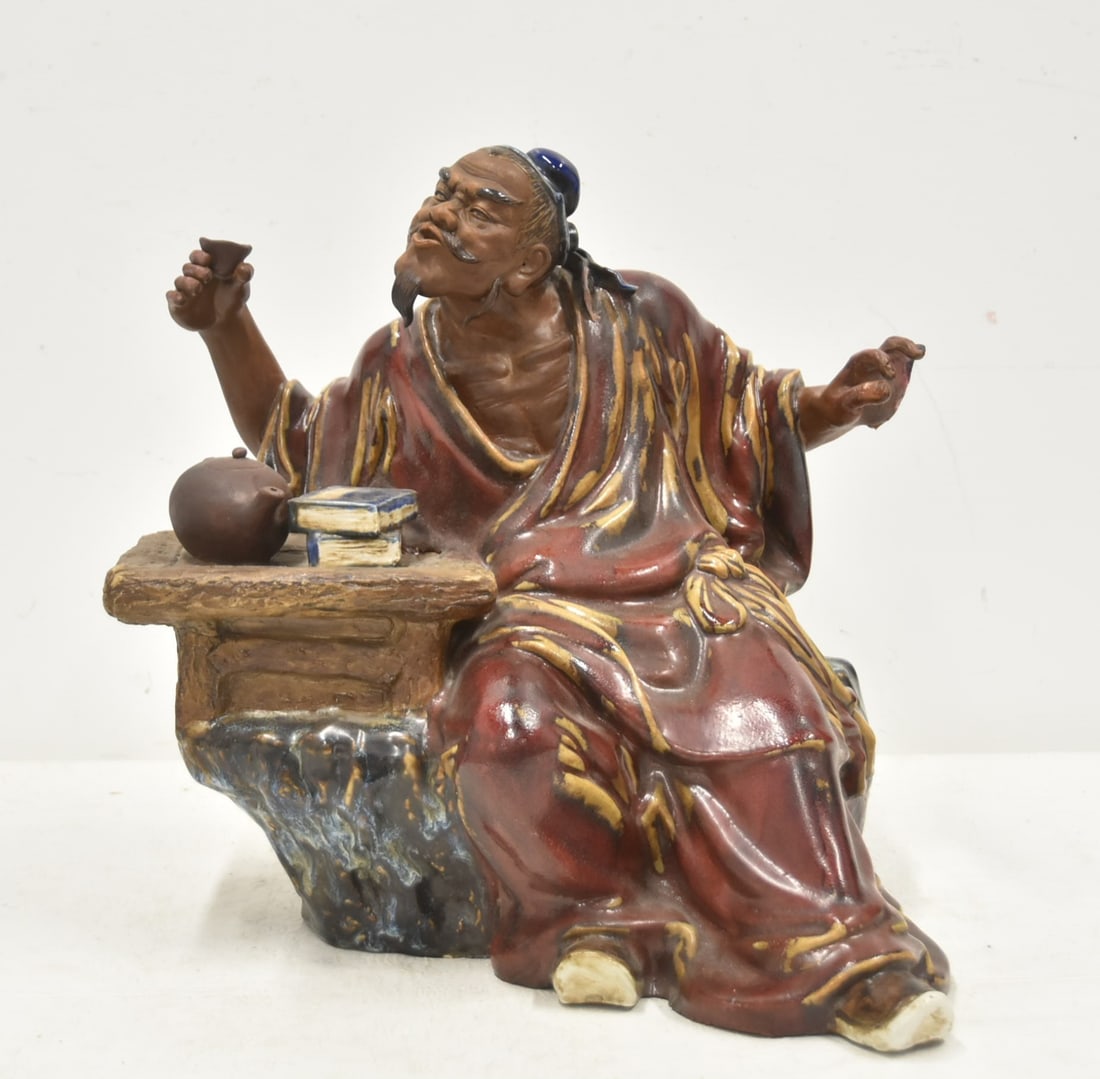 SHIWAN POTTERY FIGURE OF SEATED MAN WITH TEA (1 of 15)