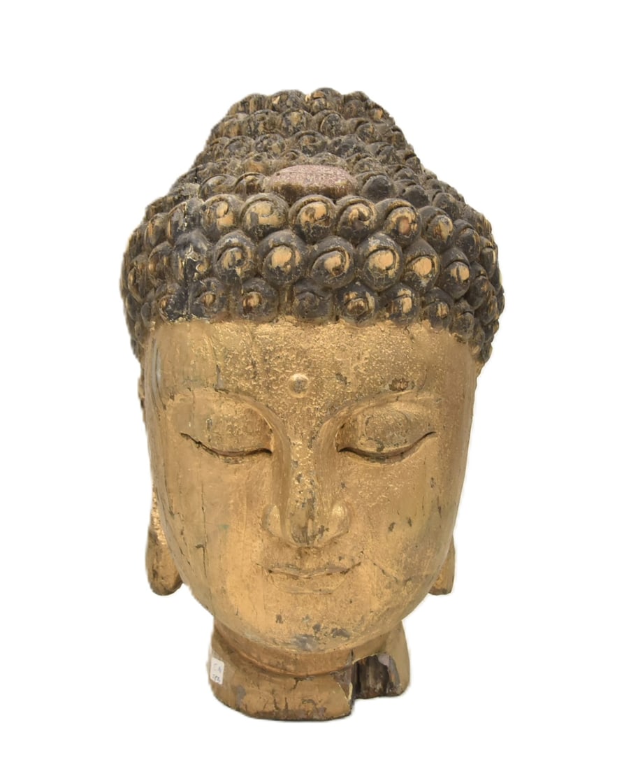 LARGE ANTIQUE CHINESE CARVED WOOD BUDDHA HEAD (1 of 9)