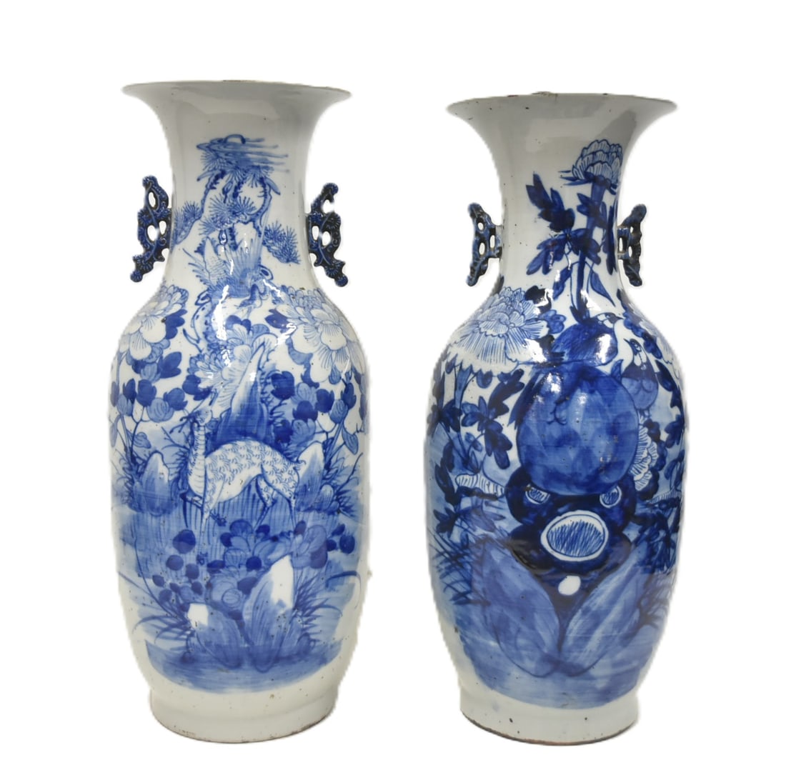 (Pr) LARGE CHINESE BLUE & WHITE VASES: LARGE PAIR CHINESE BLUE & WHITE PORCELAIN VASES WITH BIRDS & FLOWERS - 9" x 22 3/4" (ONE HAS WAX IMPORT SEAL) (ONE HAS CRACK IN BODY)