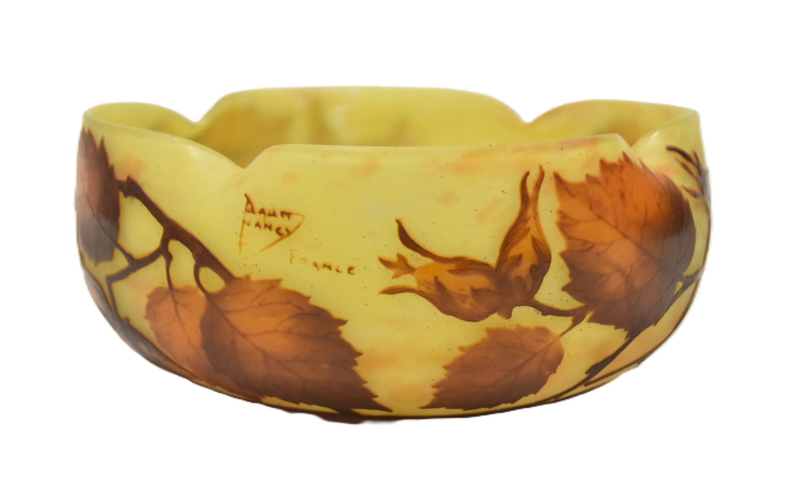 DAUM NANCY FRENCH CAMEO GLASS RUFFLED BOWL: DAUM NANCY FRENCH YELLOW CAMEO GLASS LEAD DESIGN BOWL WITH RUFFLED RIM - 8" x 4 1/2"