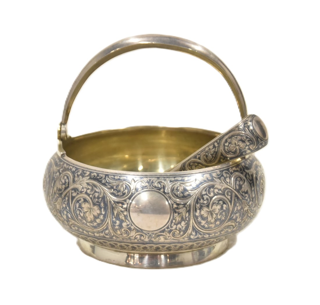 RUSSIAN NIELLO SILVER HANDLED SUGAR BOWL & TONG (1 of 10)