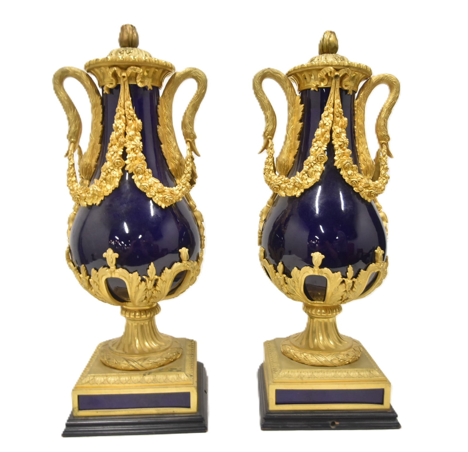 19thC DORE BRONZE & SEVRES SWAN URNS (1 of 9)