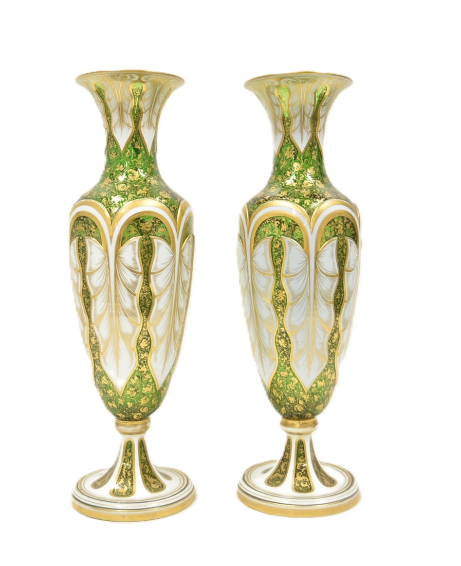 (Pr) BOHEMIAN WHITE OVERLAY GREEN VASES (1 of 9)