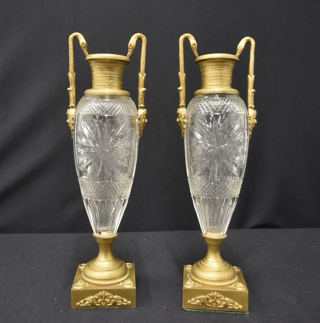(Pr) FRENCH EMPIRE BRONZE & CUT GLASS URNS (1 of 9)