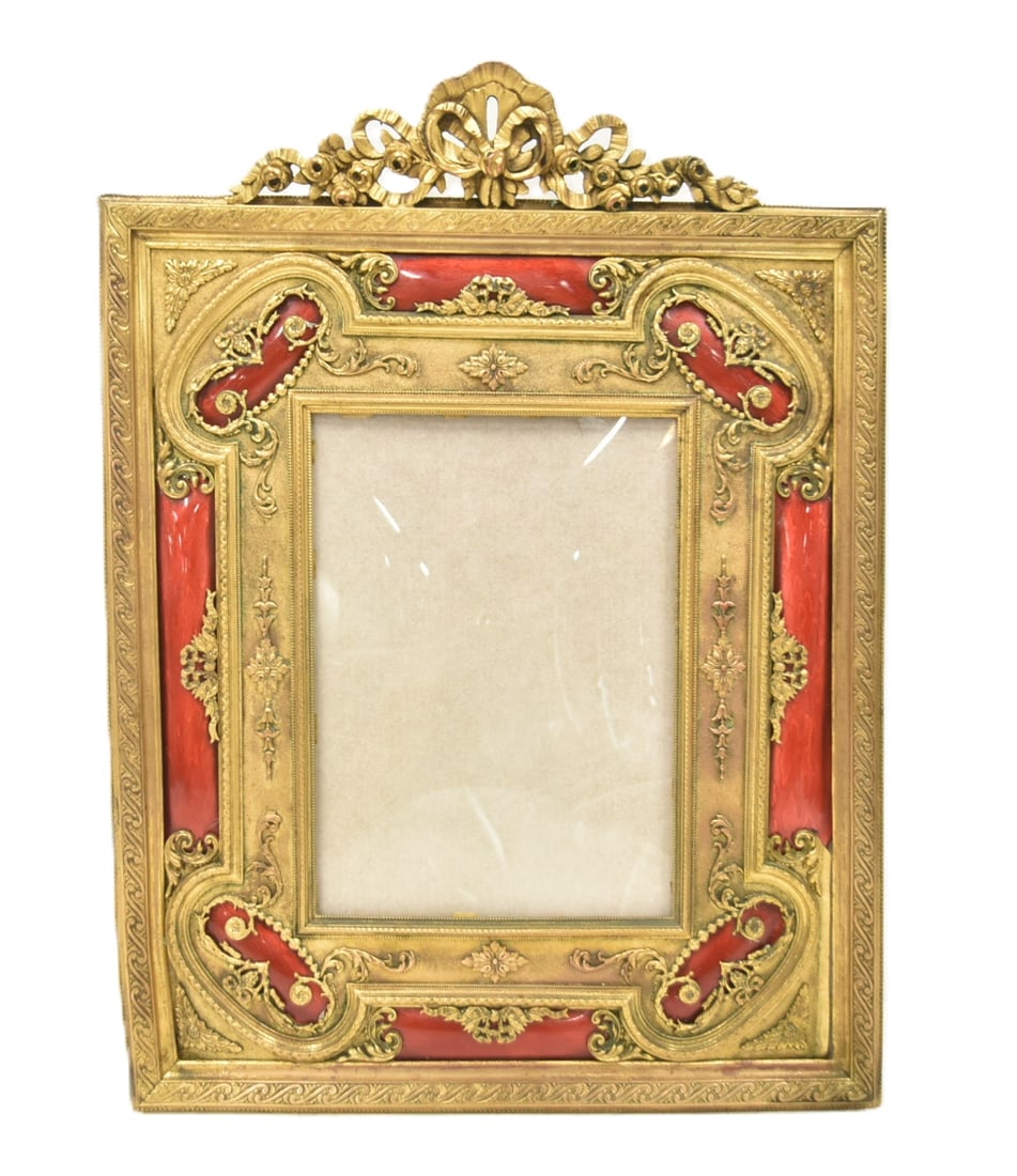 LARGE FRENCH BRONZE & RED ENAMEL FRAME (1 of 9)