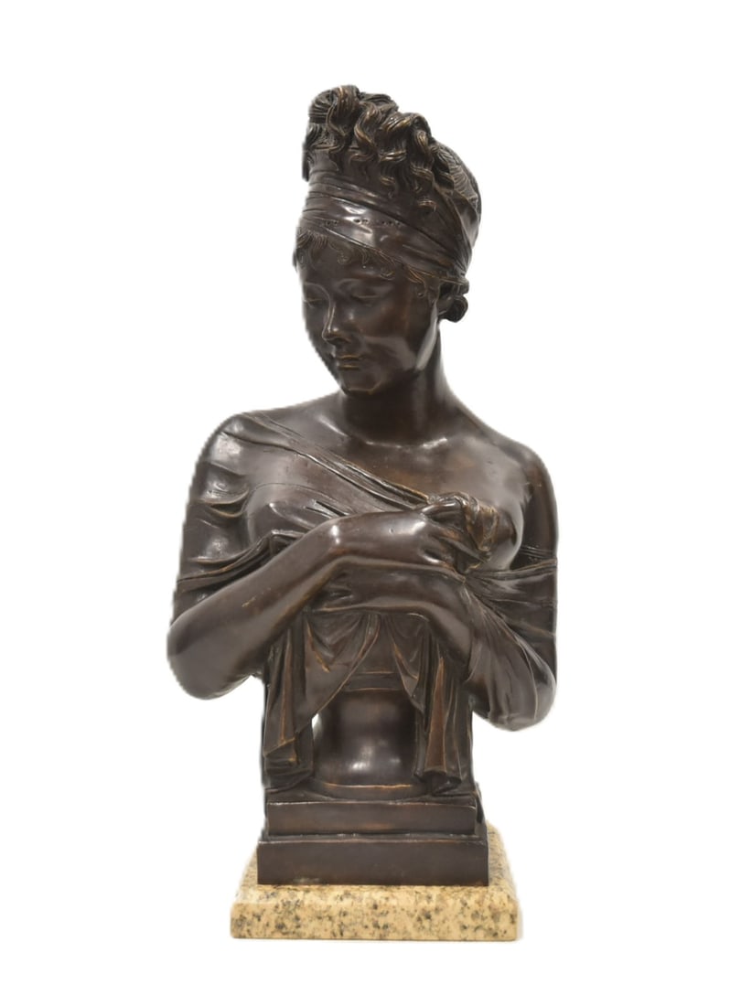 FRENCH BRONZE BUST OF MADAME JULIETTE RECAMIER: AFTER JEAN ANTOINE HOUDO FRENCH PATINATED BRONZE BUST OF MADAME JULIETTE RECAMIER - 12" x 8" x 24"