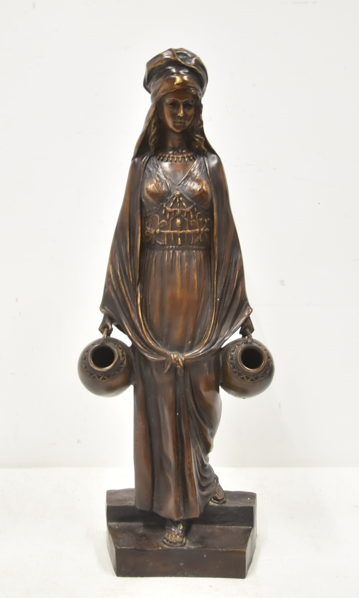DOMINIQUE ALONZO , BRONZE WATER CARRIER: DOMINIQUE ALONZO (FRENCH ACTIVE , 1910-1930) BRONZE WATER CARRIER SCULPTURE ART NOUVEAU , SIGNED D. ALONZO 6 1/2' x 20"