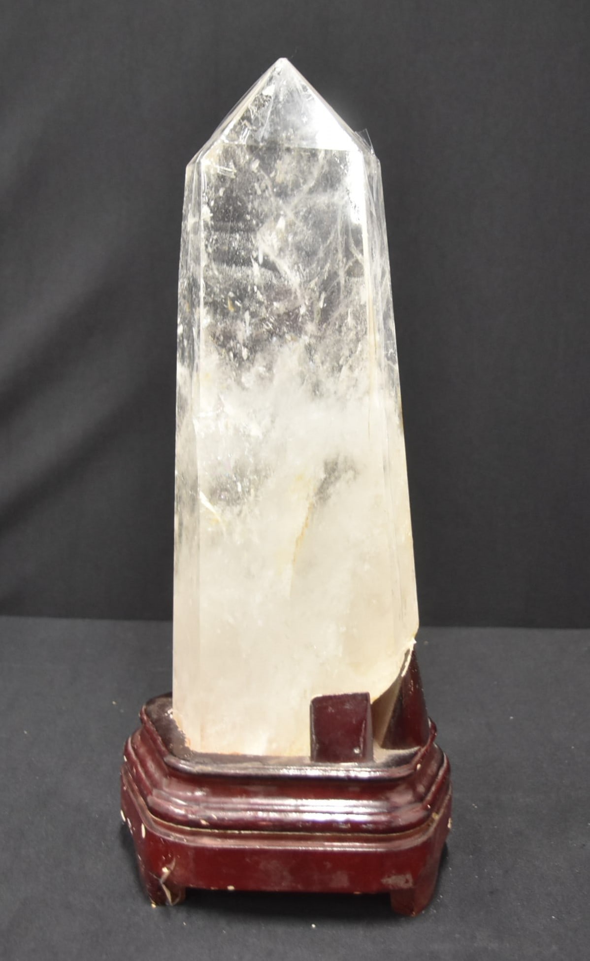 ROCK CRYSTAL OBELISK ON STAND: ROCK CRYSTAL QUARTZ OBELISK ON STAND - 6" x 5 1/2" x 14 1/2" OVERALL
