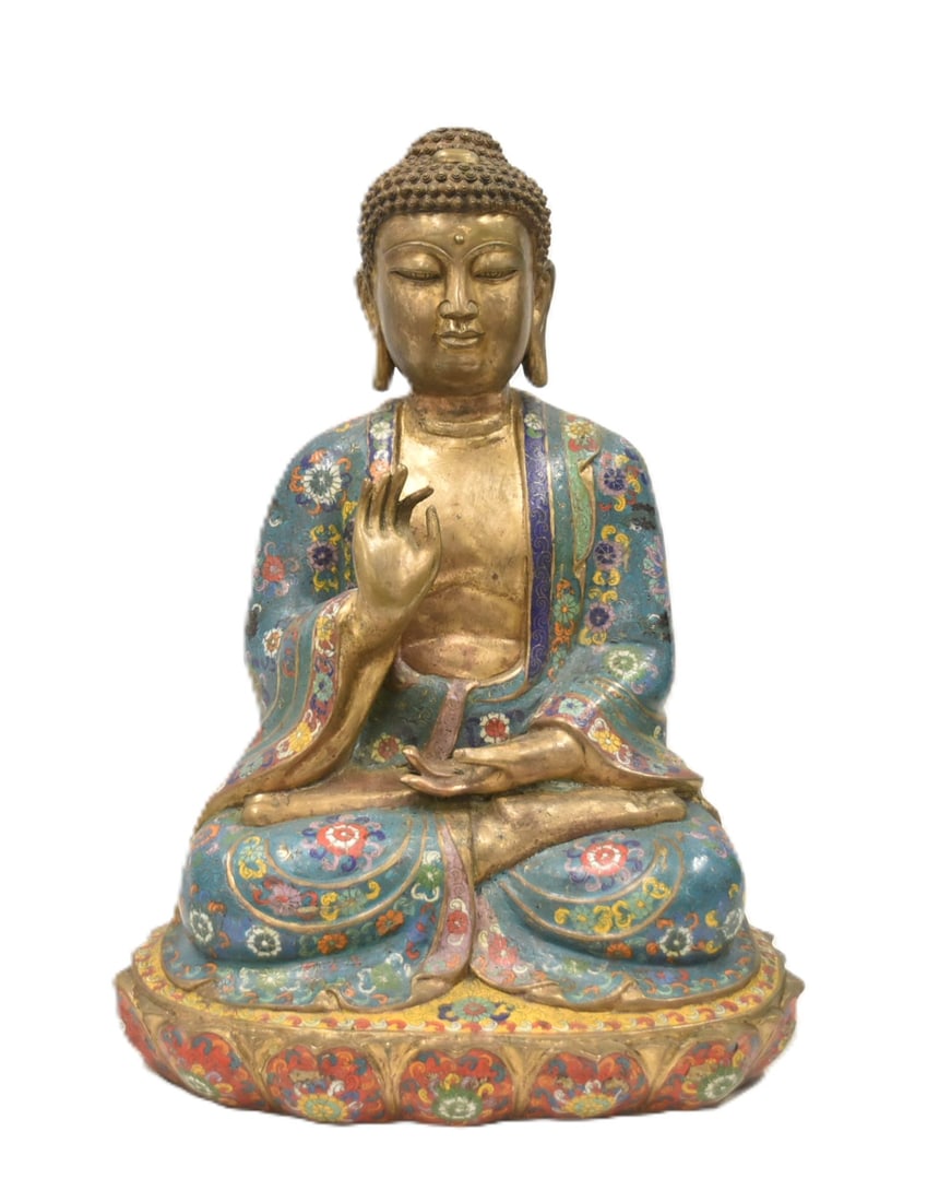 LARGE CHINESE CLOISONNE ENAMEL SEATED BUDDHA: LARGE CHINESE CLOISONNE ENAMEL & BRONZE SEATED BUDDHA IN MEDITATION ; SIGNED 17" x 12" x 23"