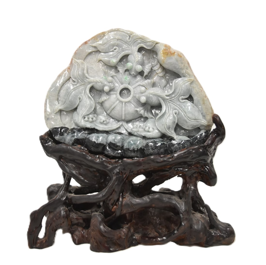 CHINESE CARVED GREEN & YELLOW SKIN FISH BOULDER: CHINESE CARVED GREEN JADE CARVING WITH FISH ; HAVING YELLOW SKIN - 12" x 2 1/2" x 9" ; OVERALL ON ROOTWOOD CARVED BASE - 13" x 6" x 15"