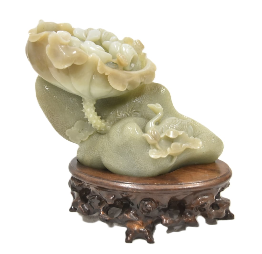 CHINESE JADE CARVED SWAN & FLOWER WITH COINS: CHINESE JADE WEALTH & PROSPERITY CARVED WITH SWAN & COINS INSIDE FLOWER - 9" x 6 1/2" x 4 1/2" TALL ; 8 1/4" TALL ON BASE