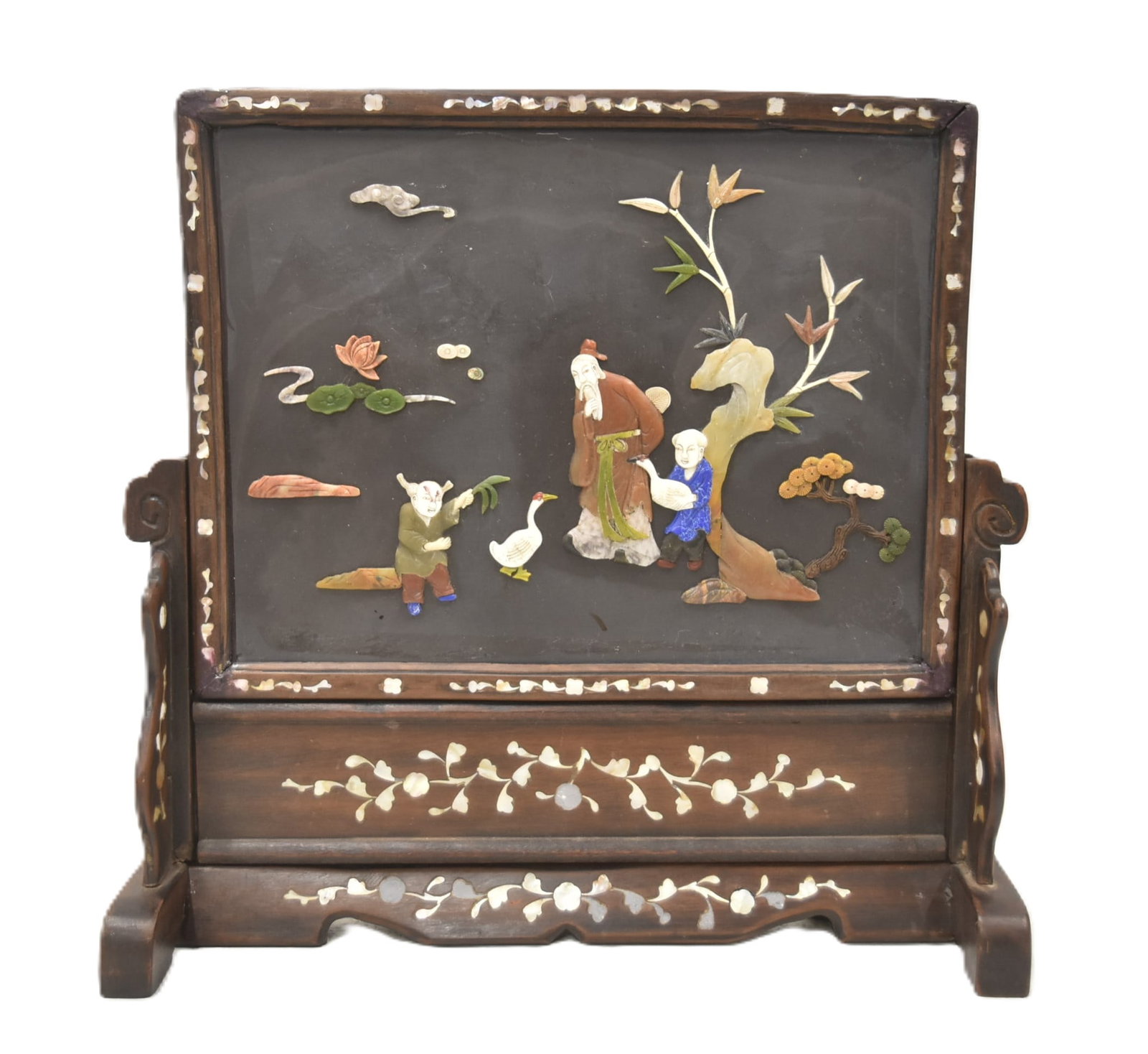 CHINESE HARDSTONE & CARVED WOOD TABLE SCREEN (1 of 16)