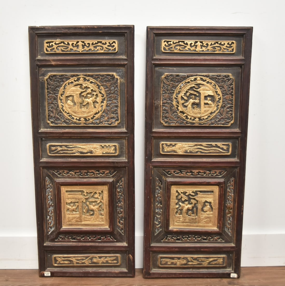 (Pr) CHINESE CARVED WOOD TEMPLE PANELS: PAIR CHINESE CARVED RETICULATED PIERCED WOOD TEMPLE PANELS - 15" x 37"