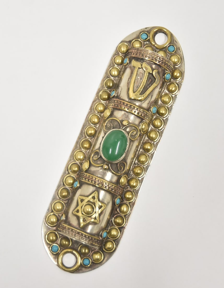JUDAICA 2-TONE MEZUZAH: 2-TONE JUDAICA MEZUZAH WITH GREEN & TURQUOISE STONES - 6 1/2" x 2"