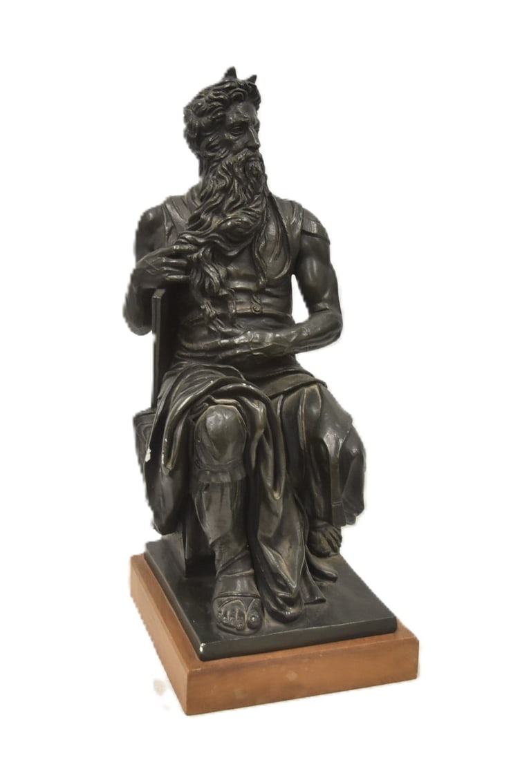 AUSTIN PROD PLASTER SEATED MOSES: AUSTIN PRODUCTION PATINATED PLASTER MOSES - 9" x 11" x 23"