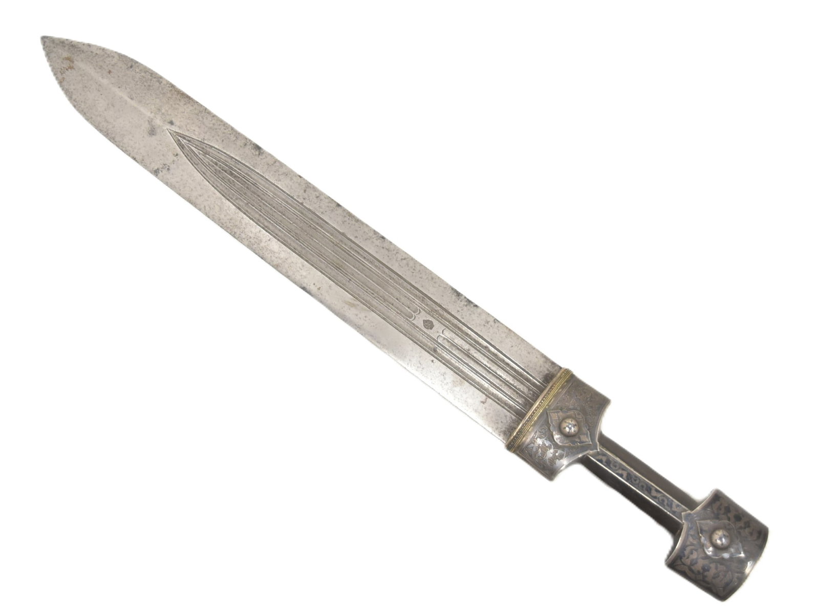 19thC CAUCASIAN KINDJAL DAGGER: CAUCASIAN ? 19thC KINDJAL / KINJAL DAGGER ; SIGNED ; WITH NIELLO ENAMEL HANDLE , - 2 1/2" x 22 1/2" SIGNED ON BLADE