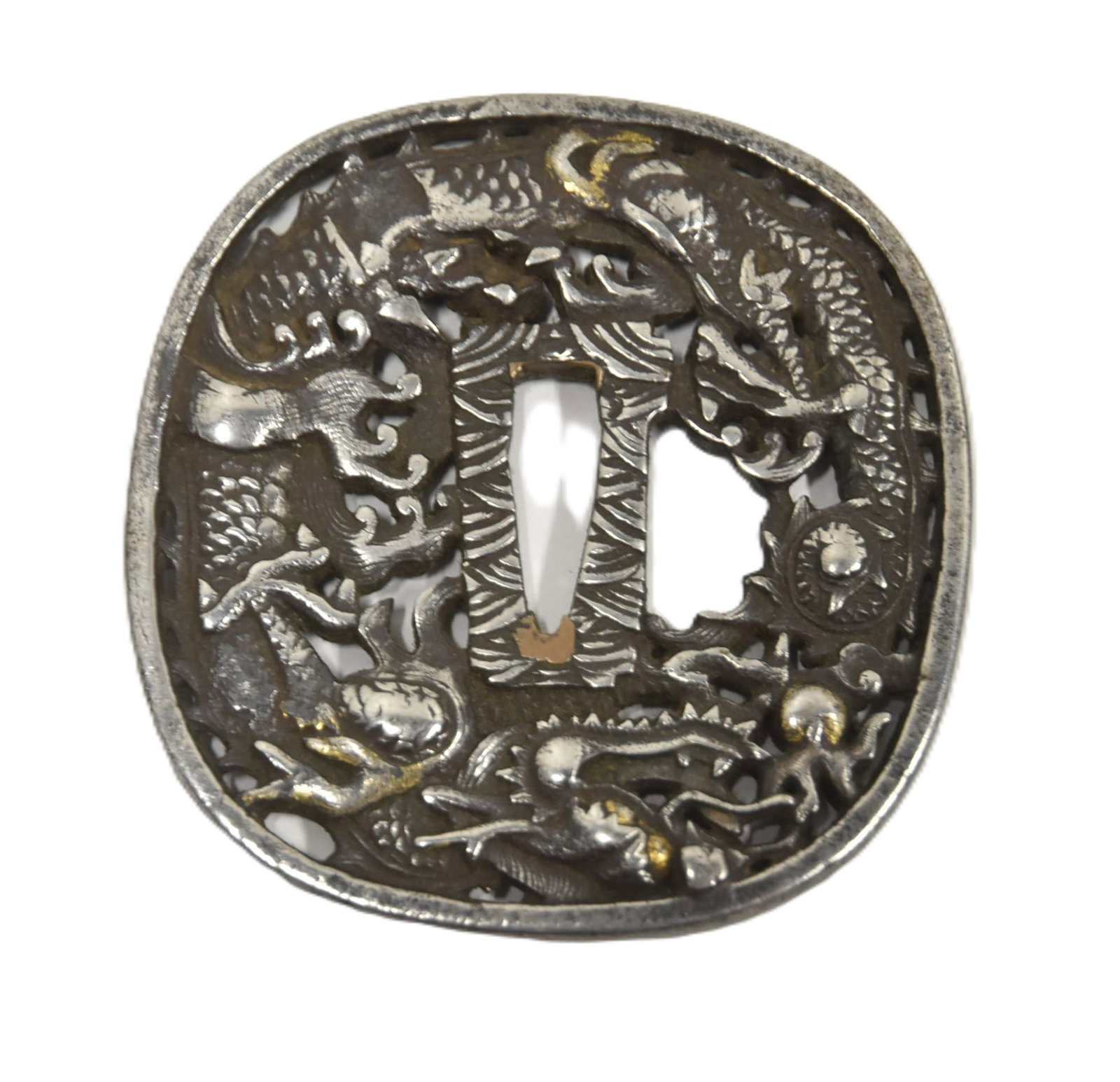 JAPANESE TSUBA SWORD GUARD WITH DRAGONS: JAPANESE TSUBA SWORD GUARD FITTING WITH DRAGONS - 3 1/4" x 3"