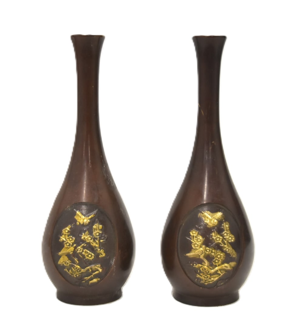 (Pr) ASIAN PATINATED BRONZE BUD VASES (1 of 10)