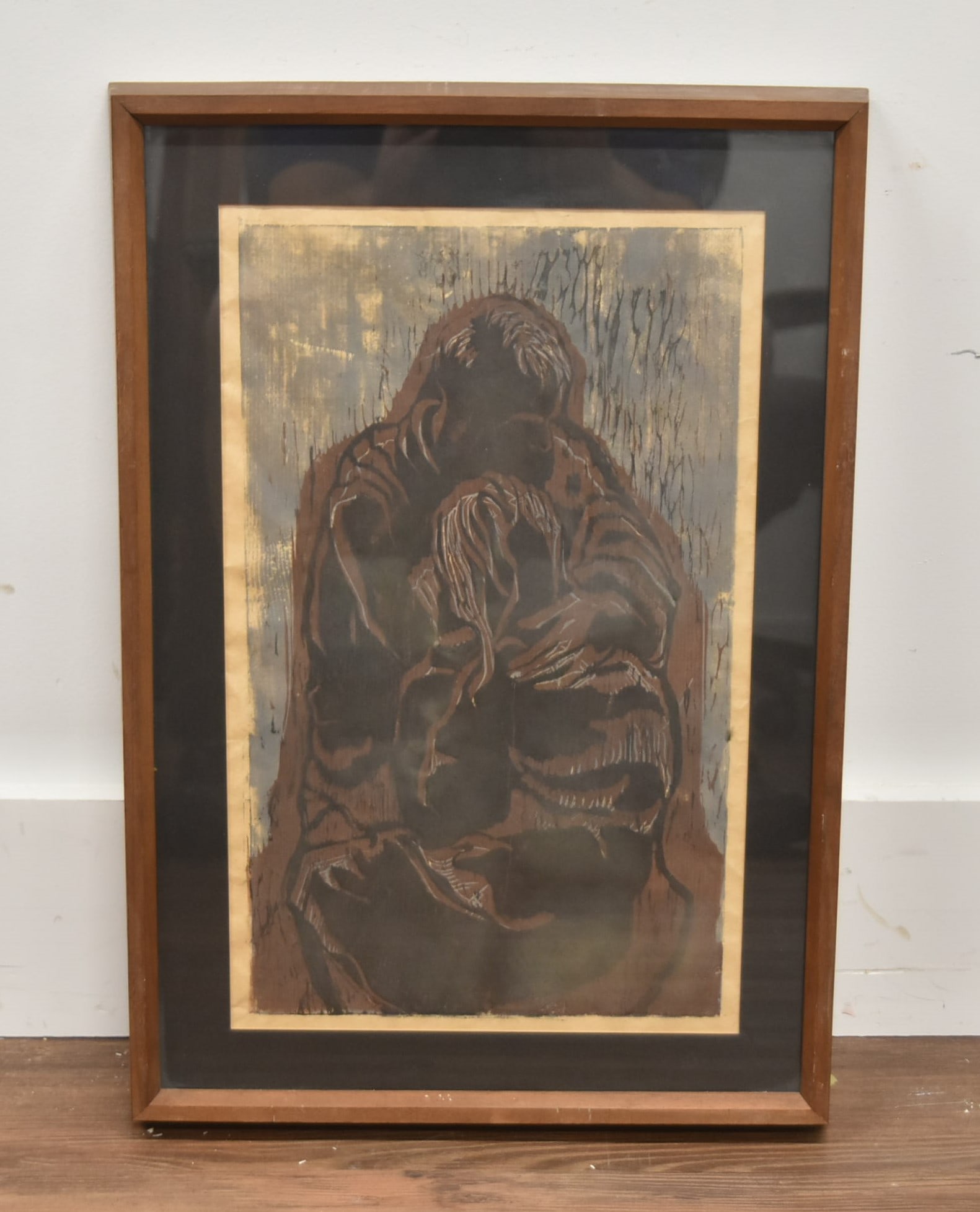 ABSTRACT WOOD BLOCK PRINT: ABSTRACT WOOD BLOCK PRINT UNSIGNED 10" x 16" ; 14" x 20" OVERALL FRAMED
