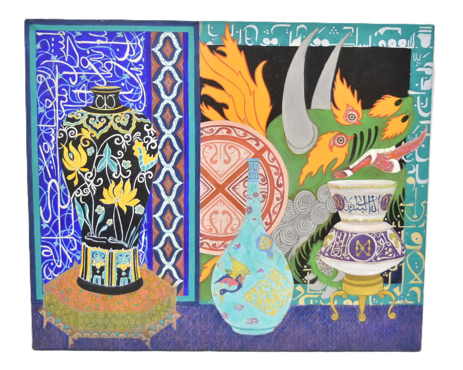 TONY FELD , ACRYLIC ON CANVAS ISLAMIC STILL LIFE: ATTRIBUTED TO TONY FELD , ACRYLIC OIL ON CANVAS ISLAMIC STILLL LIFE OF MOSQUE LAMPS , SIGNED FELD , INVERSO - 30" x 30"