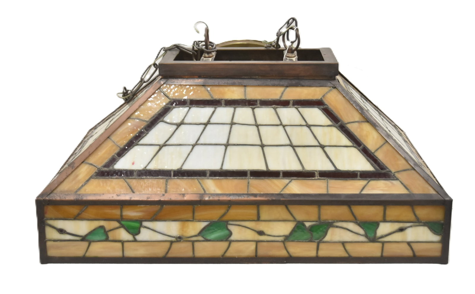 ARTS & CRAFTS LEADED GLASS BILLIARDS CHANDELIER: ARTS & CRAFTS LEADED GLASS BILLIARDS POOL TABLE FIXTURE CHANDELIER ARTS & CRAFTS LEADED GLASS OVER THE COUNTER FIXTURE CHANDELIER ; RECTANGULAR SHAPE MULTI COLOR LEADED GLASS FIXTURE WITH GREEN ,
