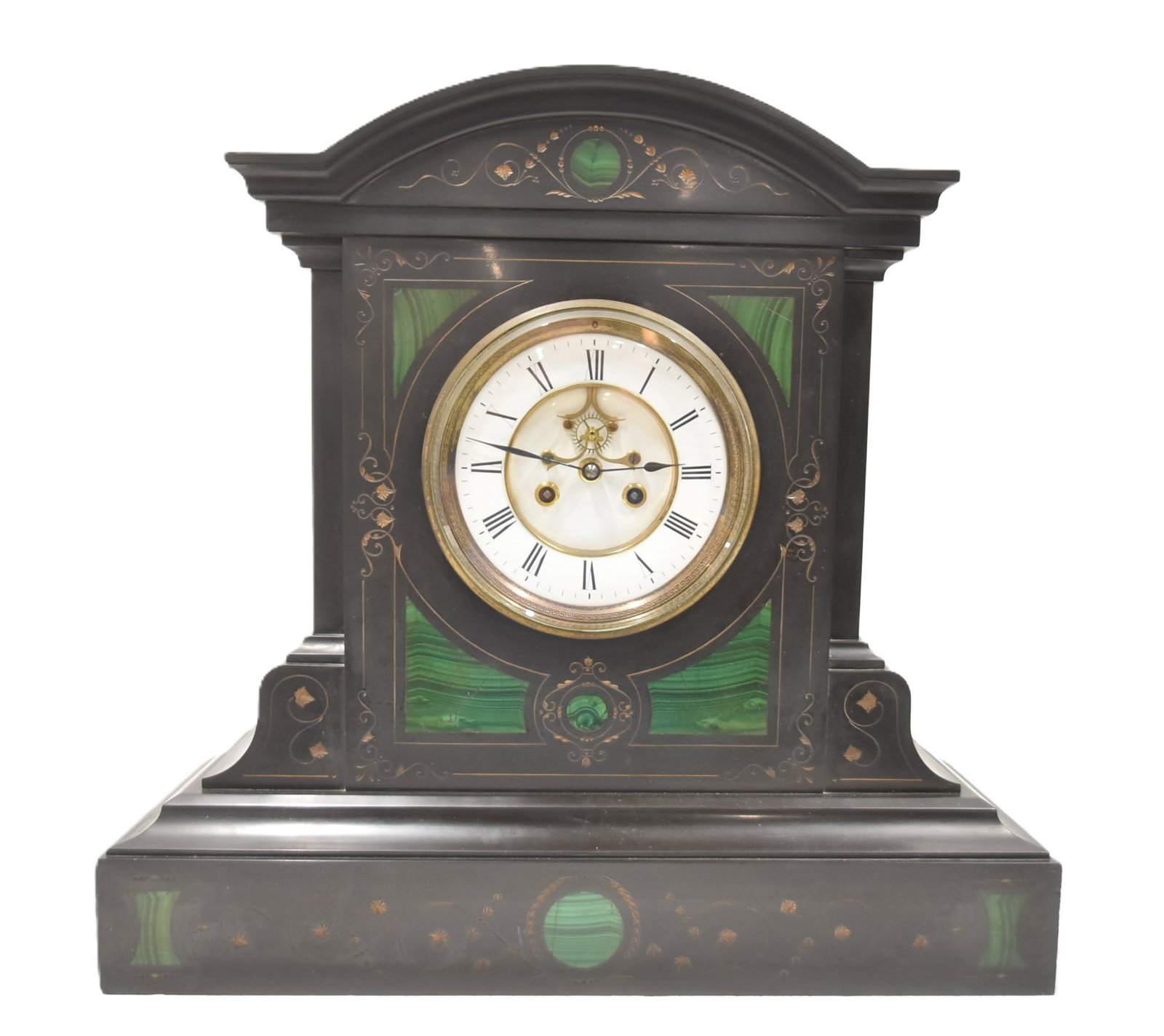 LARGE FRENCH BLACK MARBLE & MALACHITE MANTEL CLOCK: LARGE FRENCH BLACK SLATE MANTEL CLOCK WITH MALACHITE INSERTS & ETCHED GOLD FOLIATE SCROLLS ; HAVING OPEN ESCAPEMENT - 20" x 7" x 19" (PLEASE NOTE THIS CLOCK IS HEAVY FOR SHIPPING ; APPROX 60 - 70 lbs)