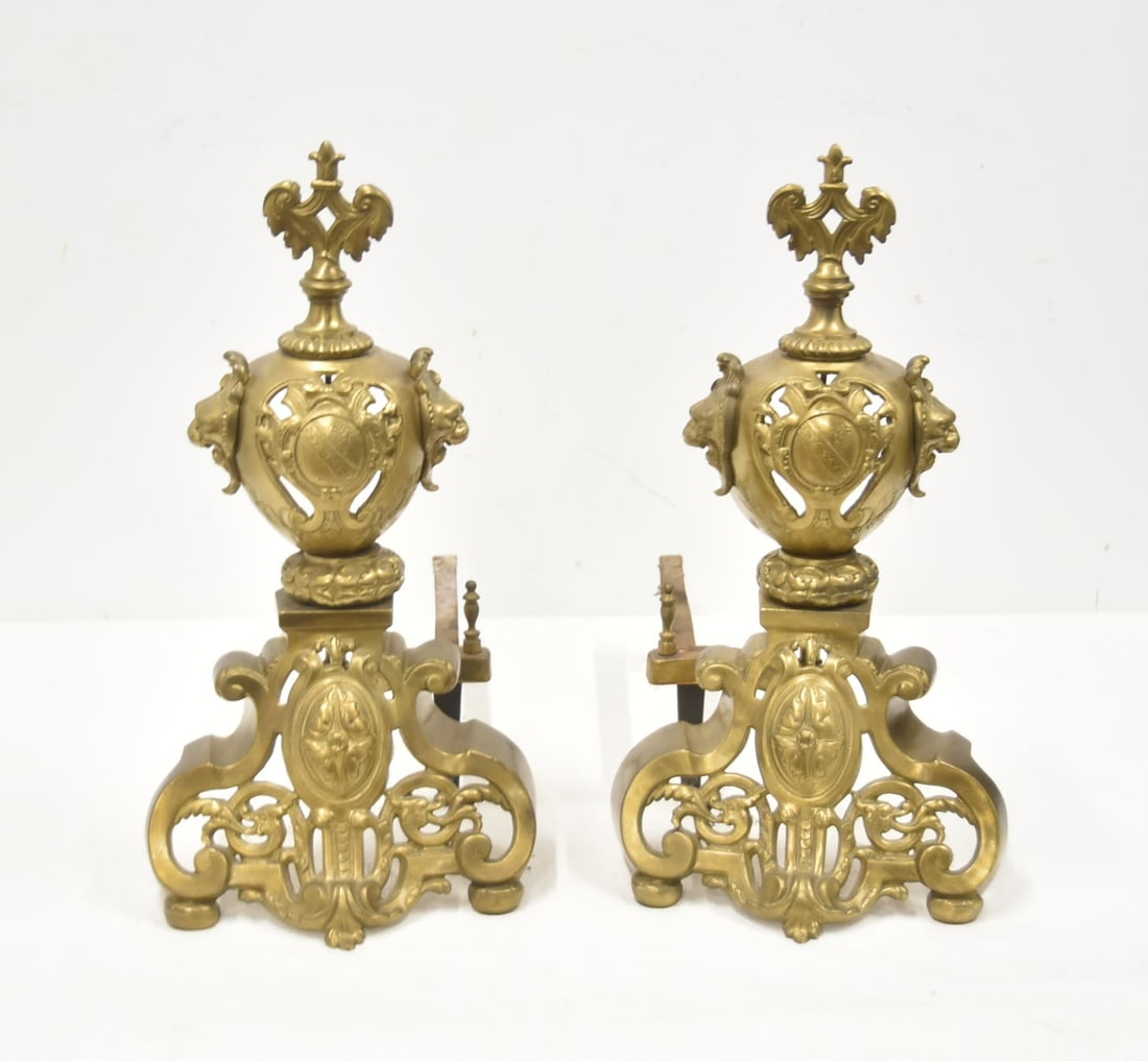 (Pr) FRENCH STYLE BRONZE ANDIRONS: PAIR FRENCH STYLE BRONZE ANDIRONS WITH AMORIAL CREST & LIONS - 9" x 19" x 17"